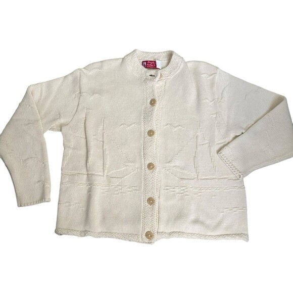 Vintage Binghamton Knitting Co Sweater Cardigan Sailboat Nautical Cream Medium - Picture 1 of 6
